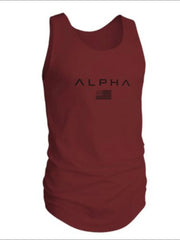 Burgundy Alpha graphic muscle tank top with American flag detail.
