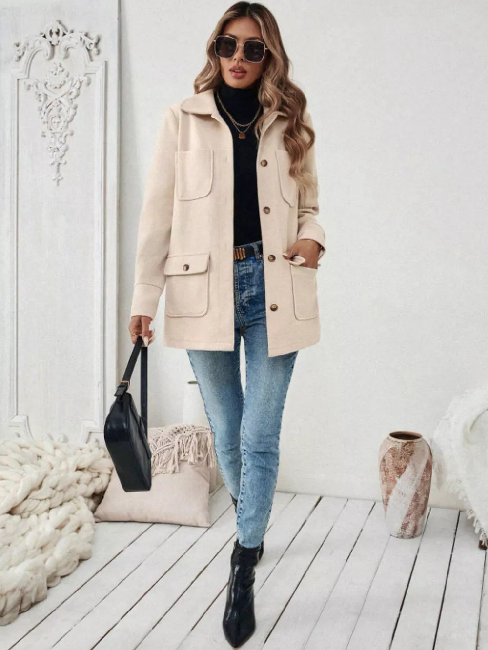 Chic apricot button-front trench coat with four pockets and a relaxed fit.