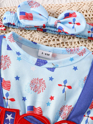 Baby blue cotton one-piece with patriotic fireworks, flags, and stars print. Includes matching headband.