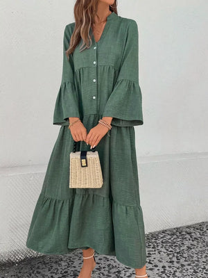 Green tiered ruffle hem v-neck dress with button front and bell sleeves
