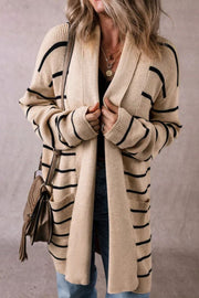 Khaki striped ribbed knit open cardigan with pockets and a longline cut.