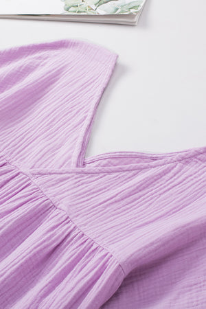 Textured gauze blouse in heliotrope purple with gathered detail