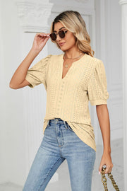 Yellow perforated puff sleeve blouse with keyhole neckline and eyelet details