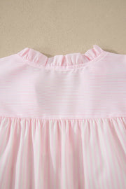 Pink striped polyester blouse with ruffled neckline and gathered waist