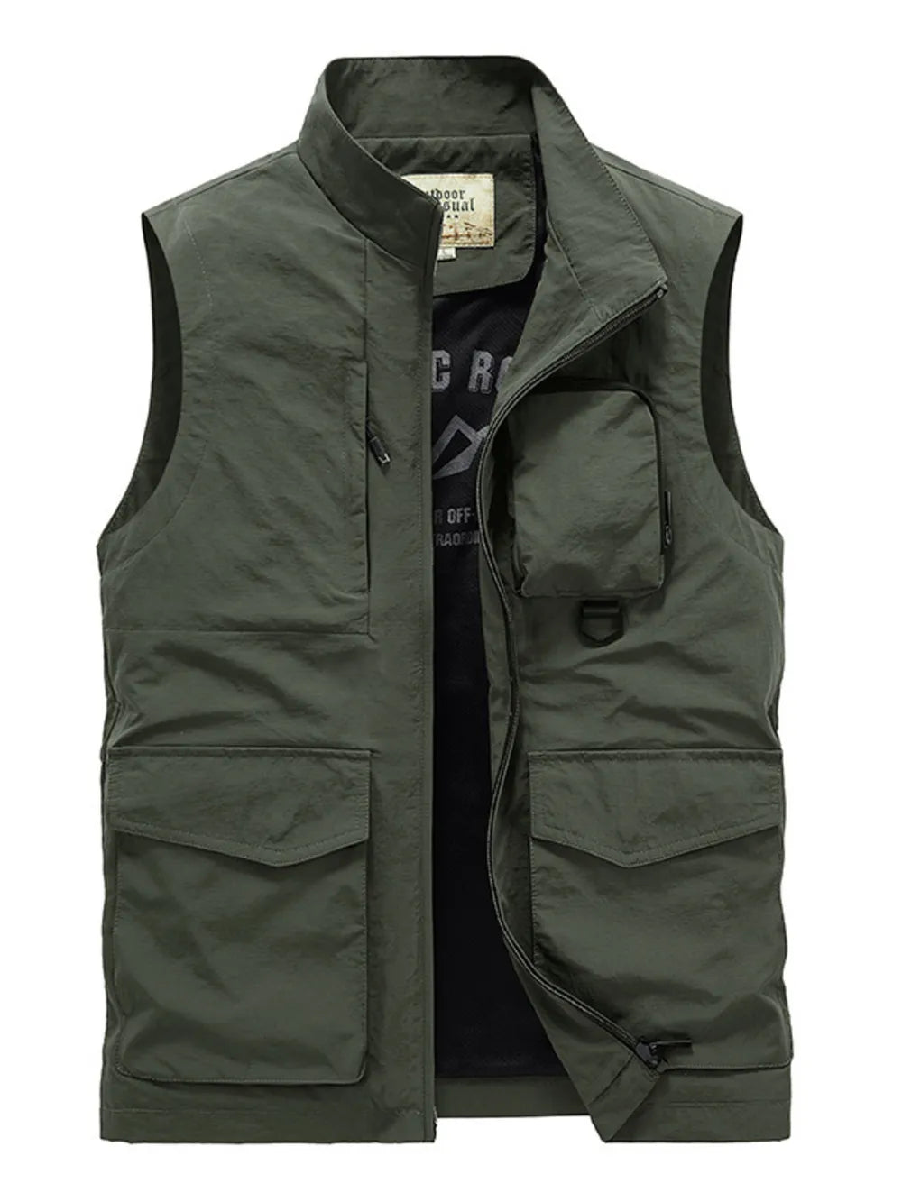 Men's plus size sage multi-pocket vest with zip closure and stand collar.