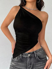 Black asymmetrical one-shoulder slim cami with ruched detail
