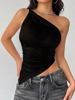 Black asymmetrical one-shoulder slim cami with ruched detail