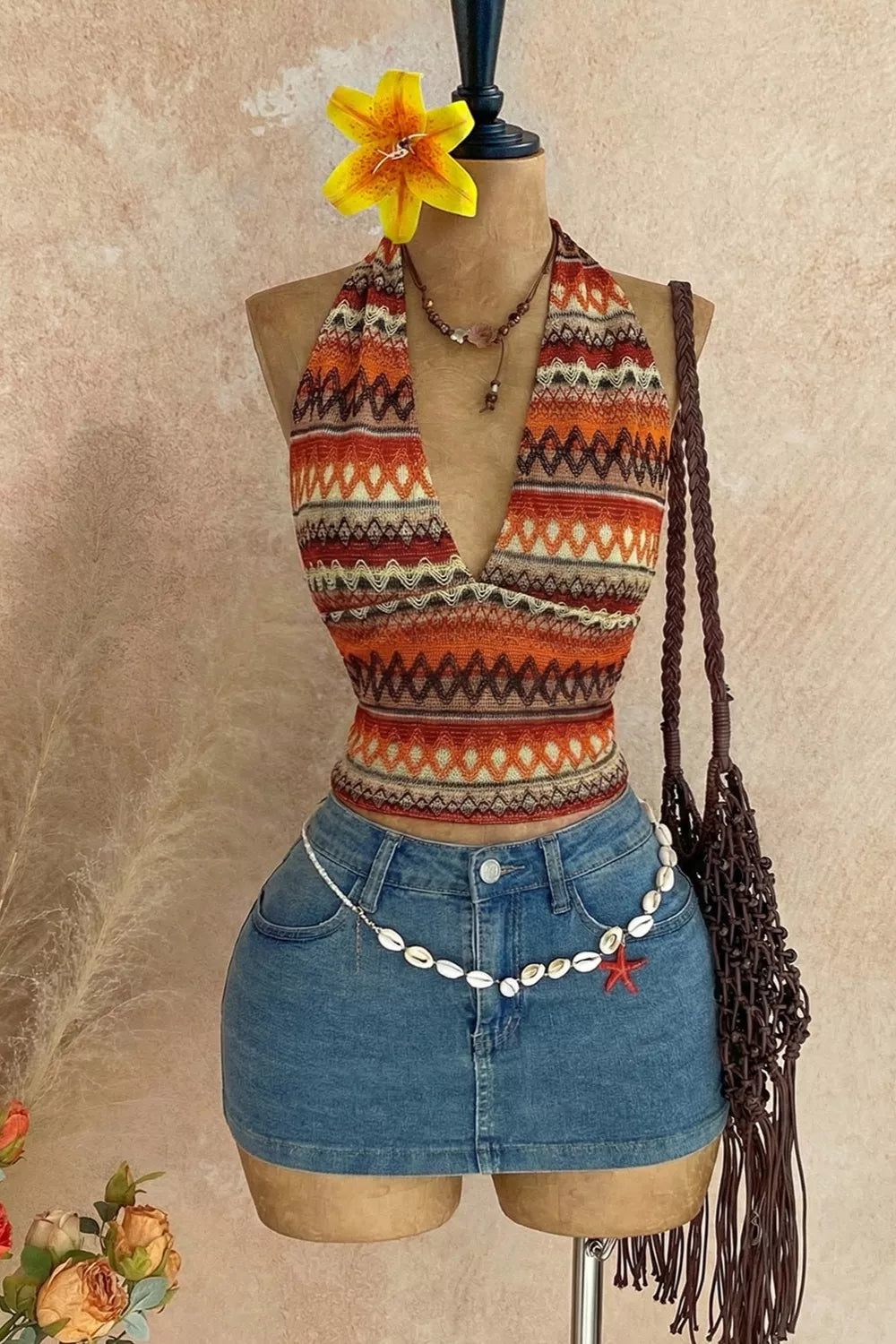 Ethnic Print Halter Neck Cami in Multicolor, front view