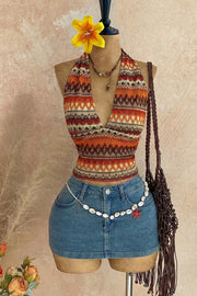 Ethnic Print Halter Neck Cami in Multicolor, front view