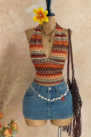 Ethnic Print Halter Neck Cami in Multicolor, front view