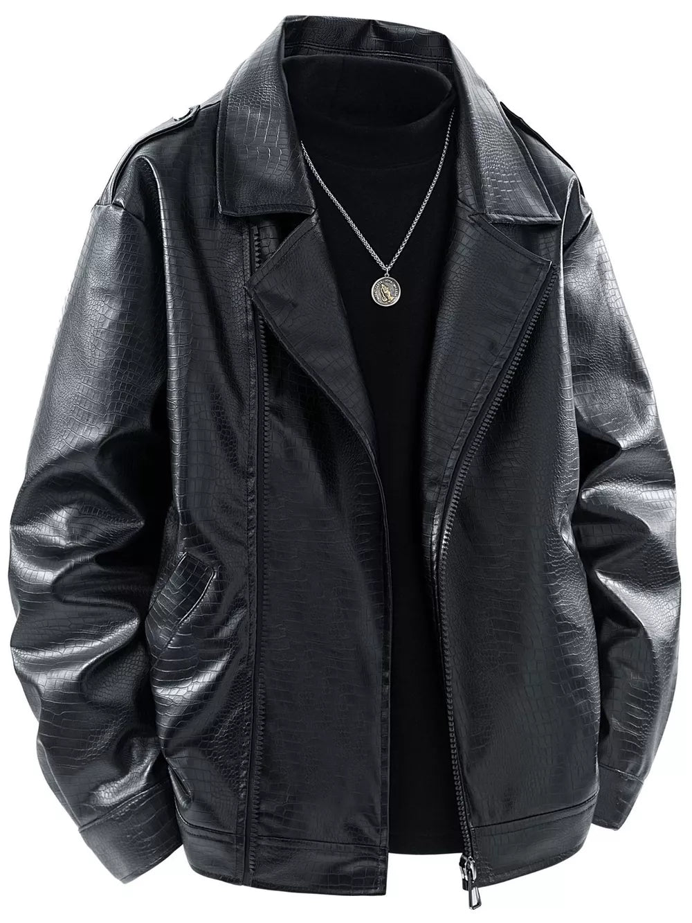 Men's Plus Size Lapel Collar Long Sleeve Outerwear in Black, close-up detail
