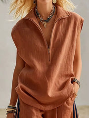 Chic Zip-front Sleeveless Top & Pleated Shorts Set
