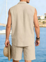 Men's beige linen sleeveless shirt and shorts set, relaxed fit, casual summer style.