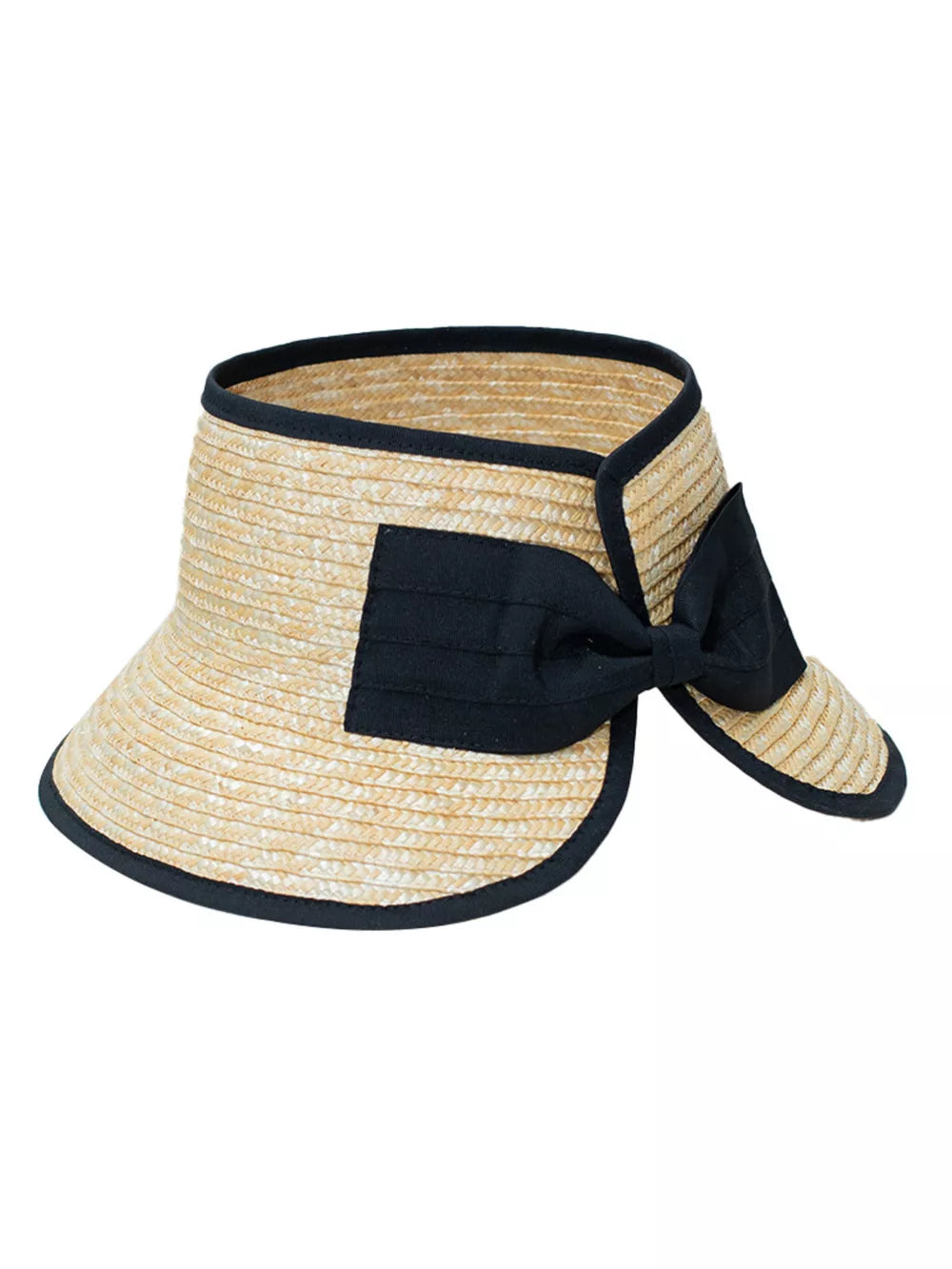 Straw visor hat in natural with black trim and bow detail.