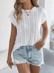 White cable knit sleeveless crew top with a textured pattern.
