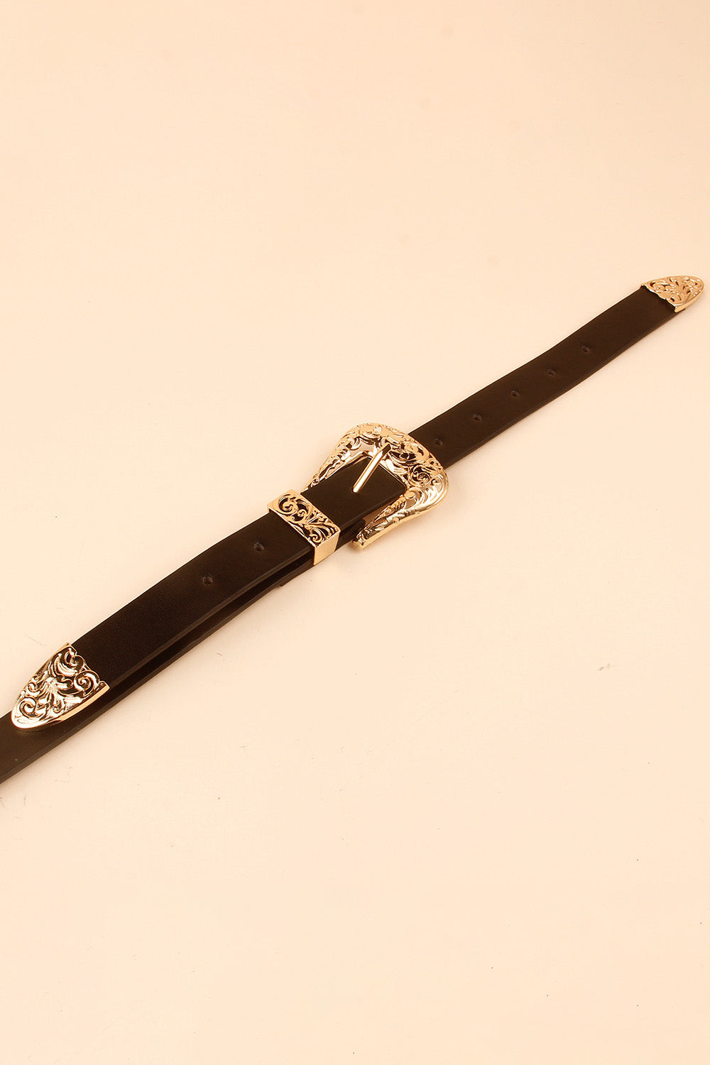 Black leather belt with ornate silver double buckle and tip detail.