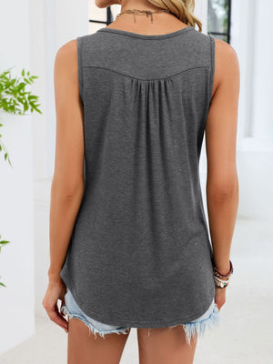 Gray ruched tank top with button detail and curved hem.