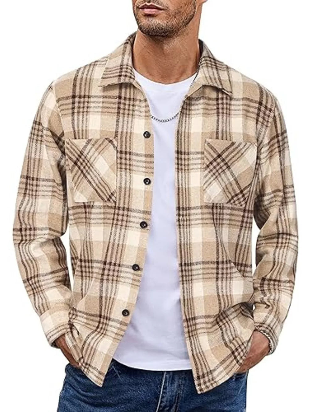 Men's classic plaid button-up shirt in brown and cream cotton with two chest pockets.