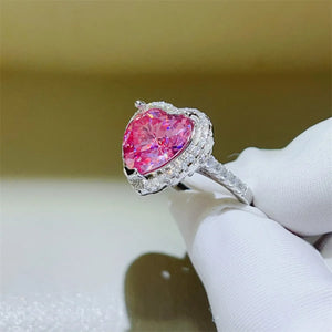Radiant Heart Moissanite Halo Ring in Fuchsia Pink with diamond band
