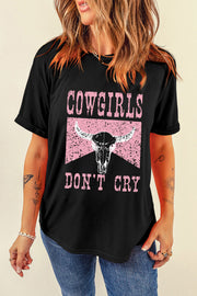 Black graphic tee with distressed cowgirl skull and text print