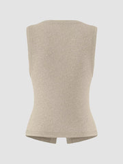 Khaki ribbed button-front fitted tank top with a split hem.