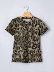 Sleek mock neck tee with allover abstract leopard print in olive green and tan.