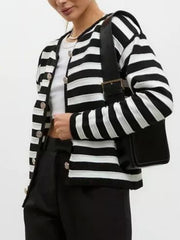 Black and white striped button-up knit cardigan with silver buttons.