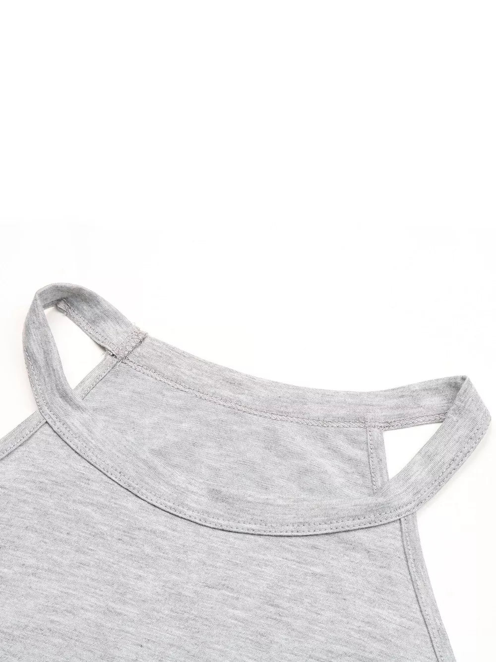 Grey halter tank top with cut-out detail at neckline and double strap detail.