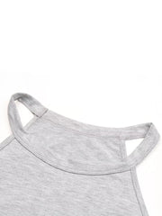 Grey halter tank top with cut-out detail at neckline and double strap detail.