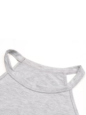 Grey halter tank top with cut-out detail at neckline and double strap detail.