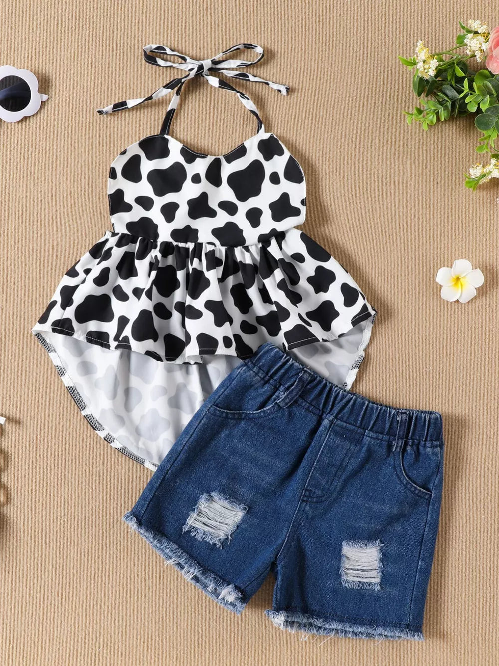 Children's Halter Neck Cami And Denim Shorts Set in Pink, front view