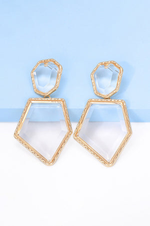 Resin facet drop earrings with gold trim, clear faceted resin and gold alloy.