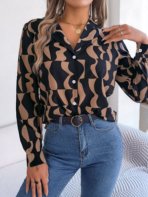 Black and tan abstract wave print silk-touch blouse with button front and collar.