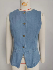 Light blue denim vest with button front and pocket details
