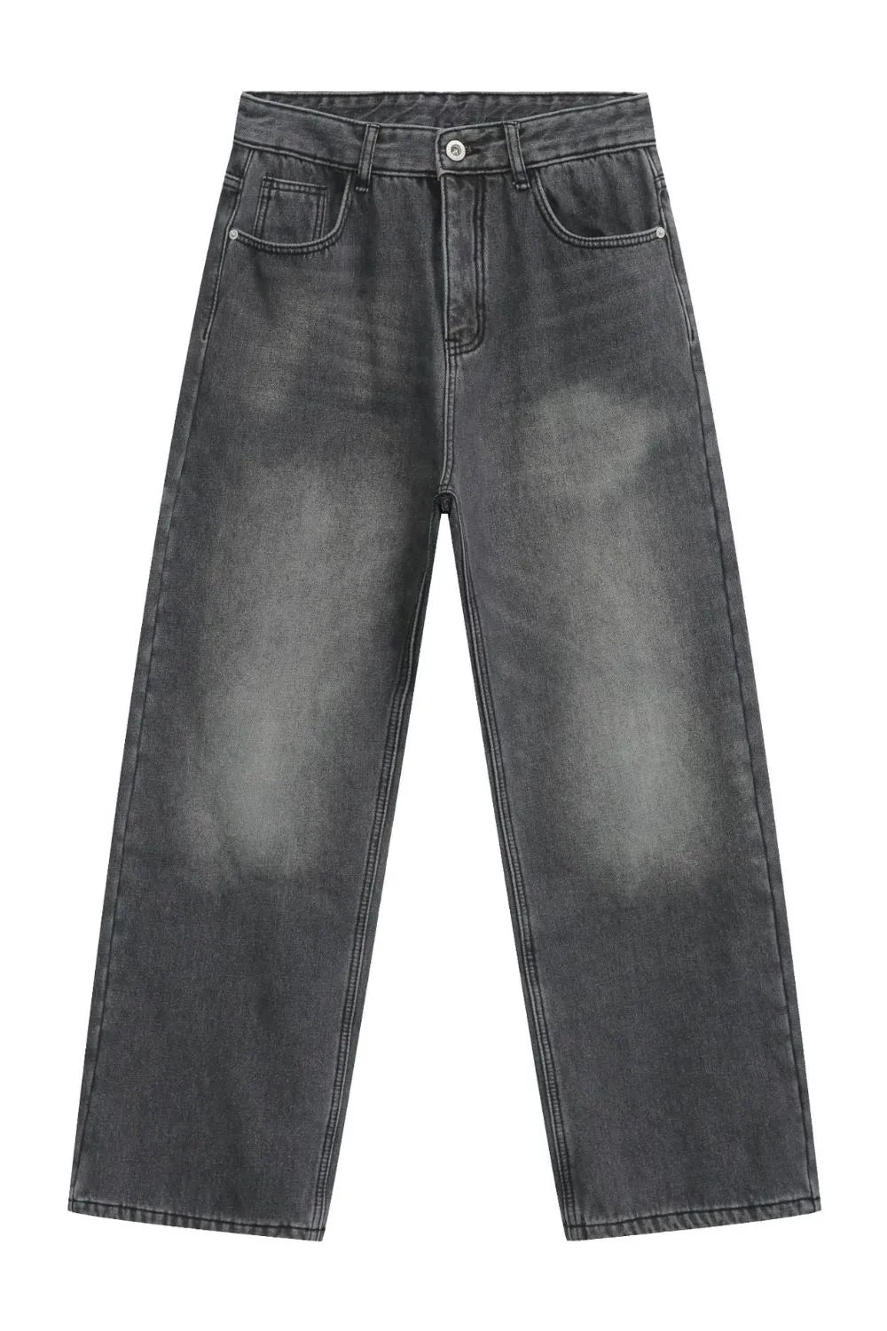 Faded dark gray cotton denim jeans with a wide-leg silhouette and a casual, basic style.