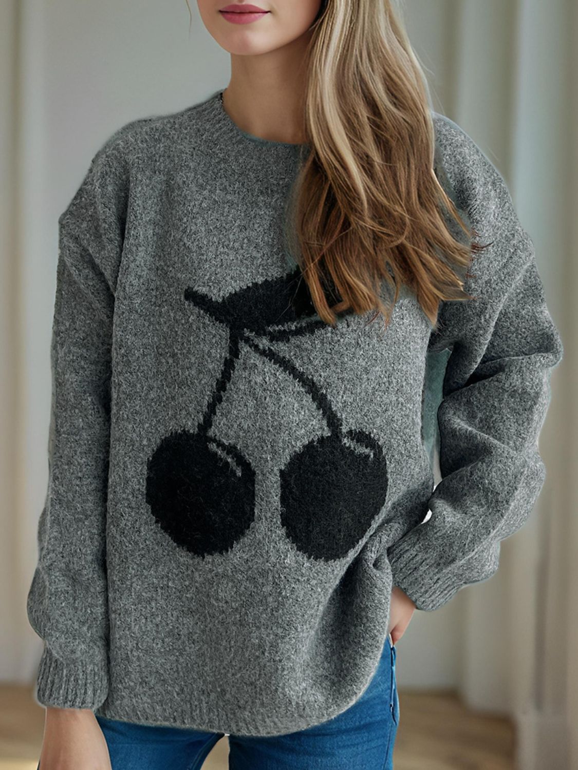 Dark Gray knit sweater with black cherry motif, crew neck, long sleeves.
