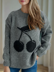 Dark Gray knit sweater with black cherry motif, crew neck, long sleeves.