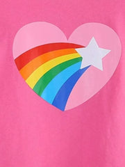 Pink cotton t-shirt with a heart graphic featuring a rainbow and a white star.