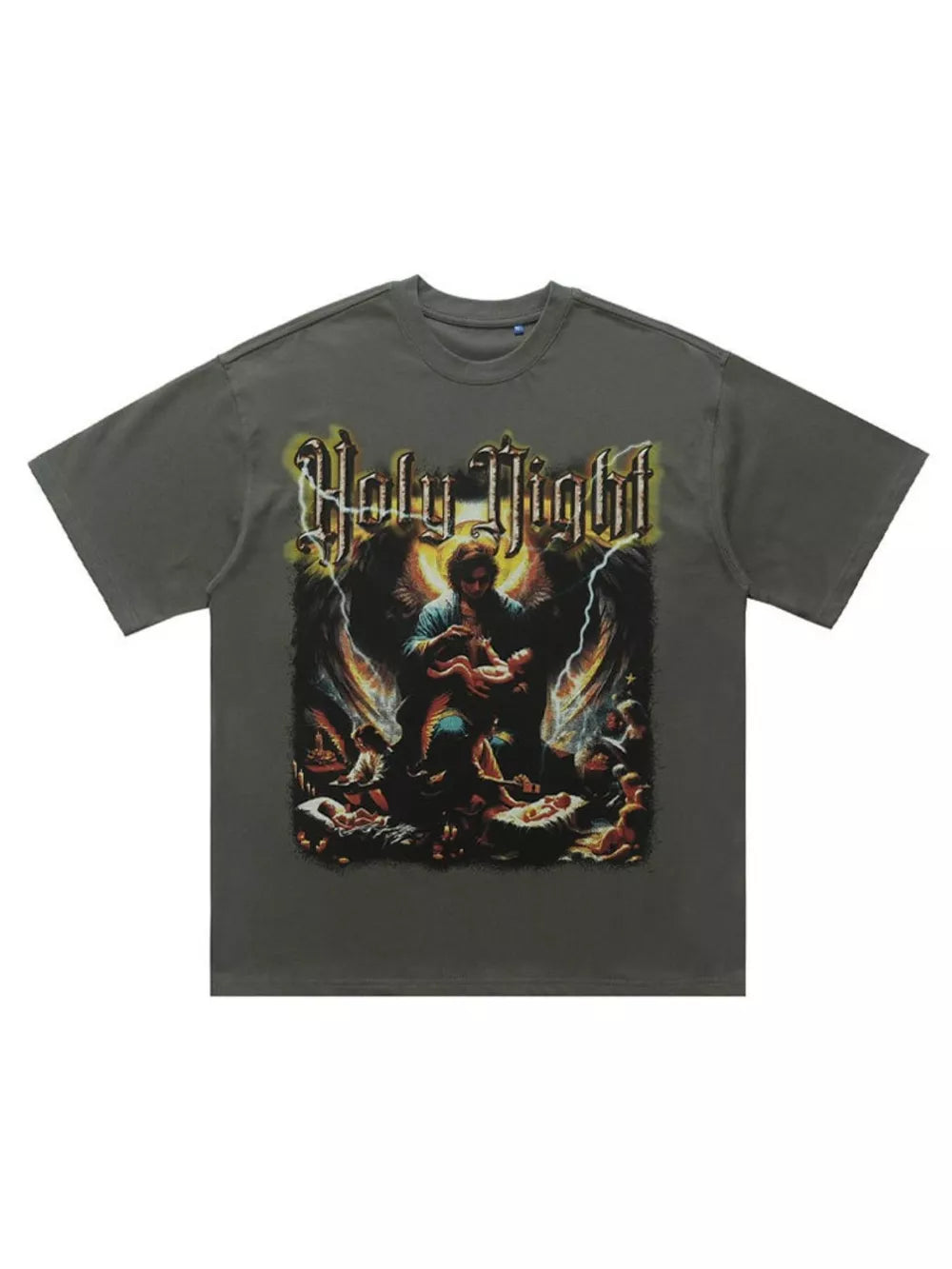 Grey oversized cotton t-shirt with Holy Night graphic print and angelic details.