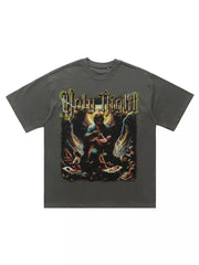 Grey oversized cotton t-shirt with Holy Night graphic print and angelic details.