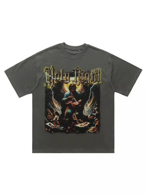 Grey oversized cotton t-shirt with Holy Night graphic print and angelic details.