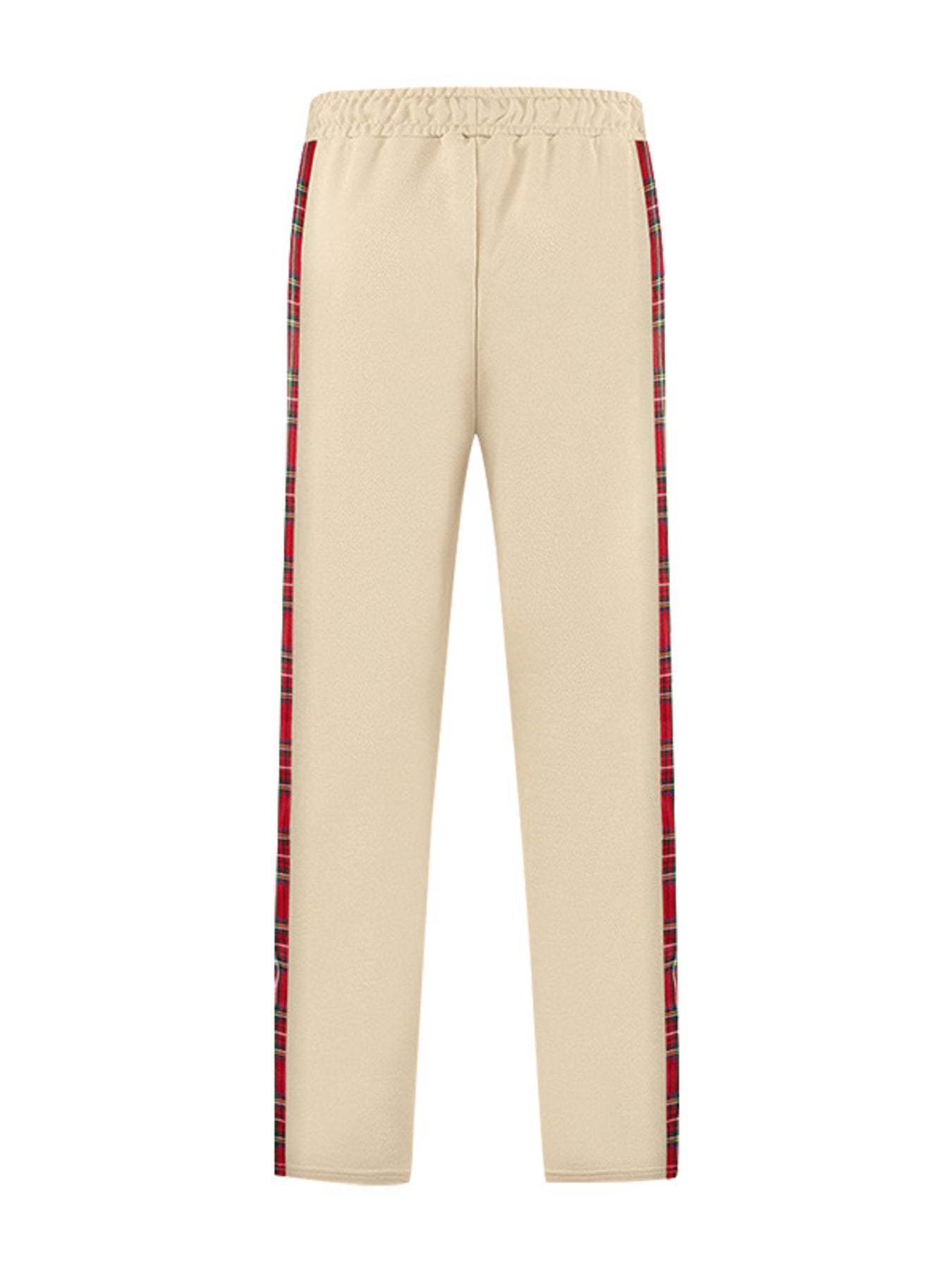 Men's Khaki sweatpants with red plaid side stripe detail and drawstring waist.
