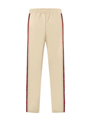 Men's Khaki sweatpants with red plaid side stripe detail and drawstring waist.
