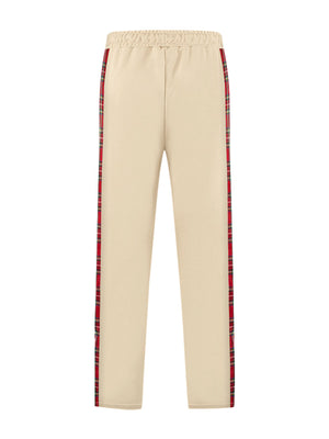Men's Khaki sweatpants with red plaid side stripe detail and drawstring waist.