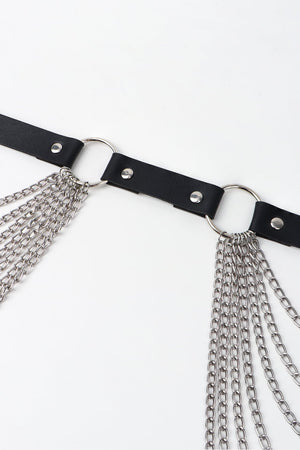 Black leather waist harness with silver tone metal chains and rings.