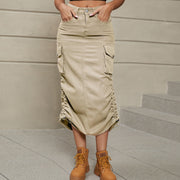 Sand cargo denim midi skirt with adjustable ruching detail and front pockets.