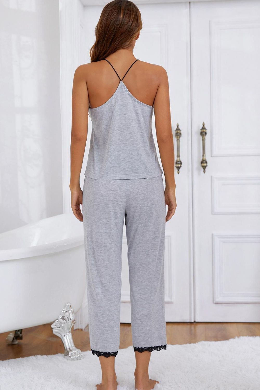 Gray cami lounge set with crisscross back and lace hem pants