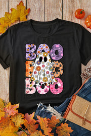 Black t-shirt with floral ghost and "Boo" Halloween graphic.