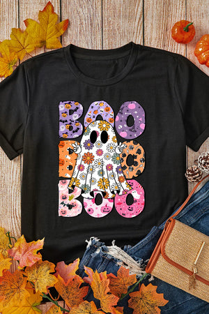 Black t-shirt with floral ghost and "Boo" Halloween graphic.