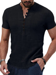 Black linen henley polo shirt with button placket and short sleeves